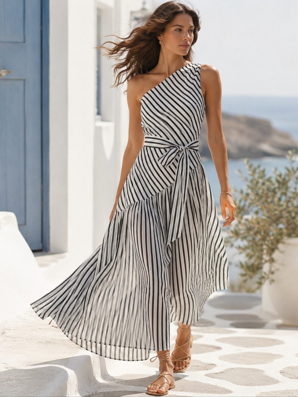 H&M ONE SHOULDER LYOCELL MAXI DRESS BLACK WHITE STRIPED BELTED ASYMMETRICAL 12